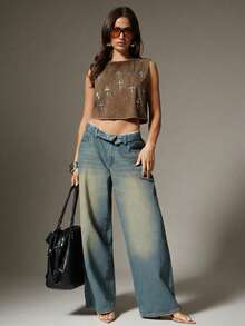 Denimoi Rhinestone Cross Charms Cropped Low Armhole Tank Top, Fashionable, Crop Top - Brown - View 3