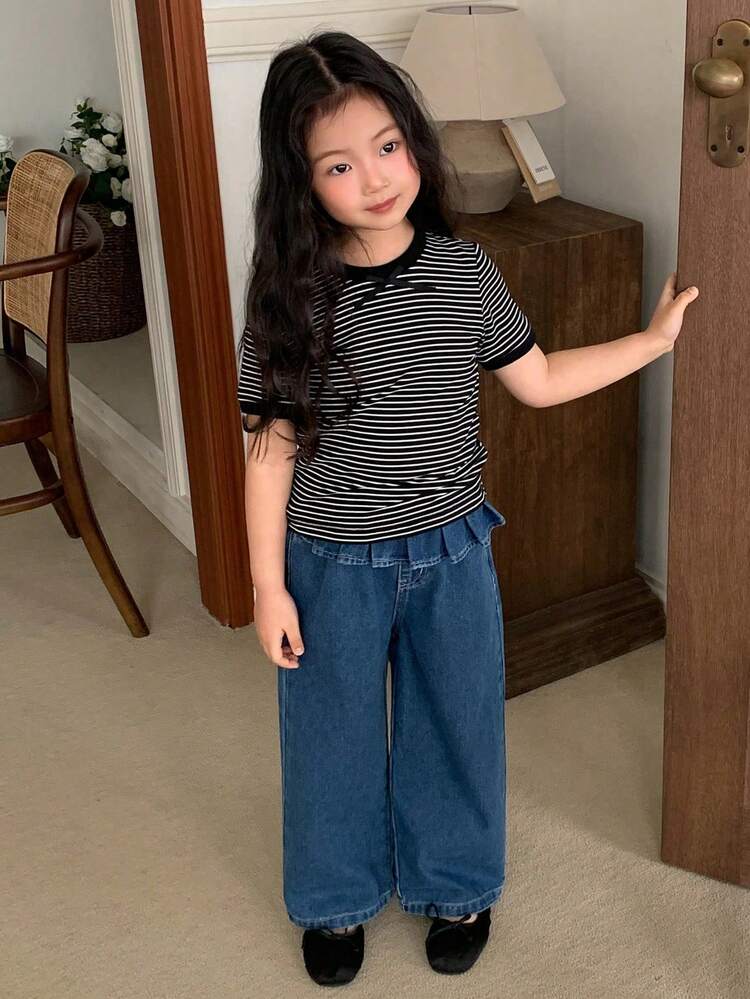 Young Girls Round Neck Striped Short Sleeve Casual T-Shirt, Fall