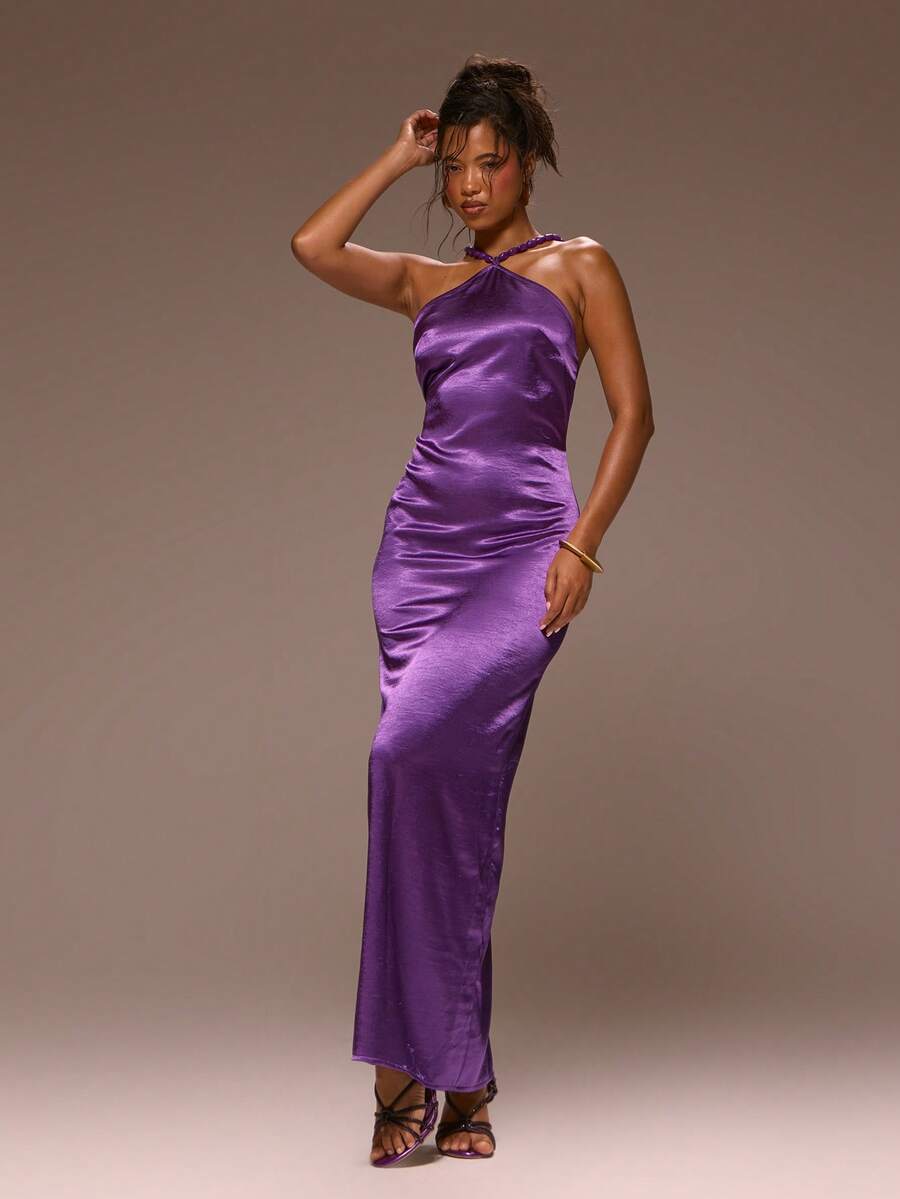 MUSERA Đầm maxi satin cổ yếm đính hạt, kiểu dáng nữ tính, thích hợp cho mùa xuân hè, kỳ nghỉ, buổi tối đi chơi, dịp đặc biệt, Golden Sands. - Màu tím - Xem 1