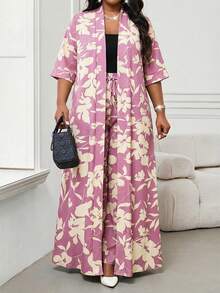 SHEIN Lady Pink Modest Summer Plus Size Dress For Women Floral Print Open Front Cardigan With Matching Wide Leg Trousers - Pink - View 1