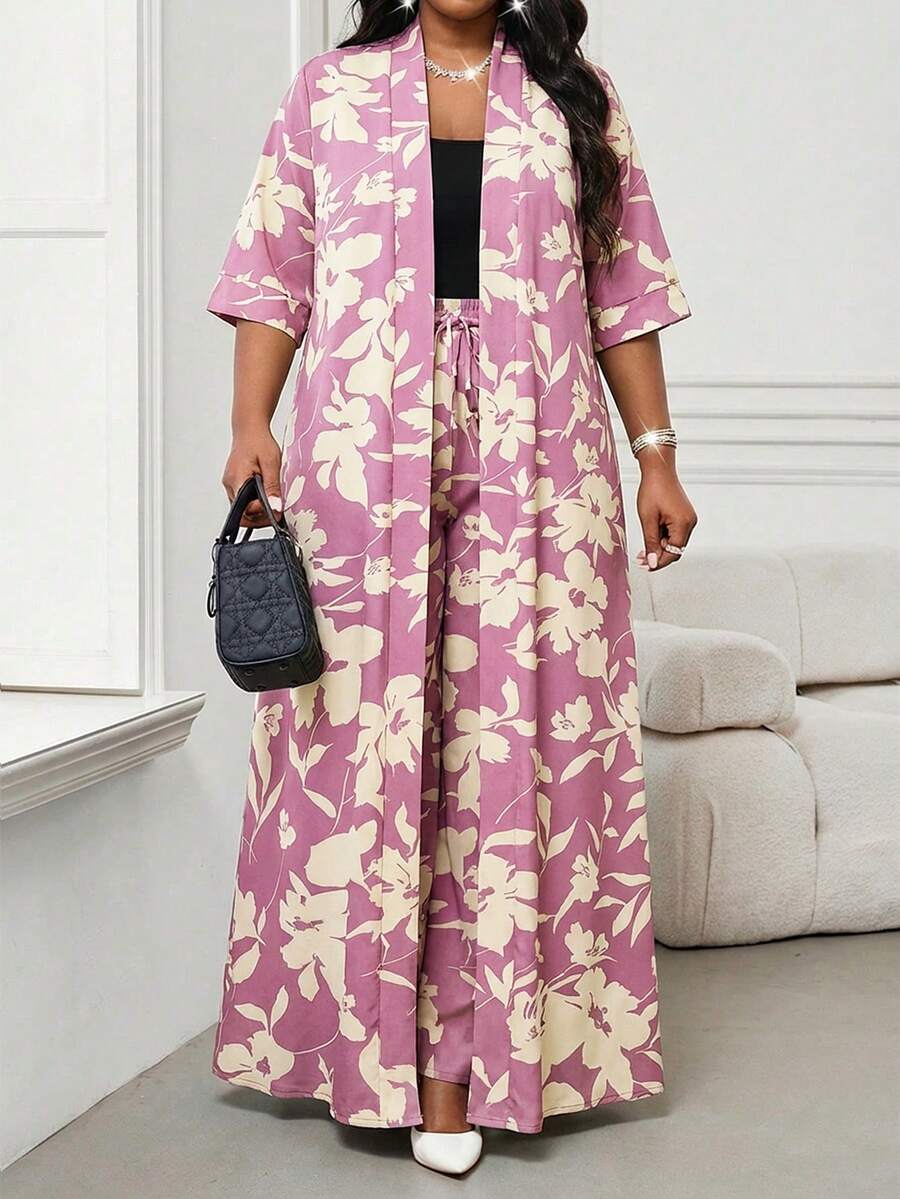 SHEIN Lady Pink Modest Summer Plus Size Dress For Women Floral Print Open Front Cardigan With Matching Wide Leg Trousers - Pink - View 1