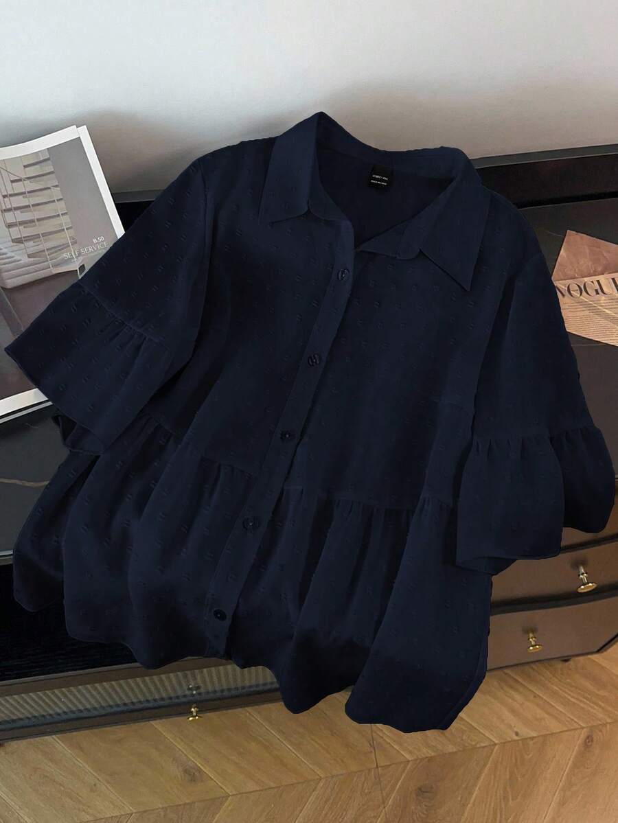 SHEIN CURVE+ Plus Size Summer Casual Solid Color Front Button Short Sleeve Shirt - Navy Blue - View 1