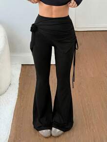 Mulvari Quần legging nữ kiểu dáng thường ngày, có dây rút, kiểu 2 trong 1. - màu đen - Xem 7