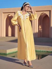 Al Najma 女士土耳其长款连衣裙和阿拉伯传统长袍 - 黃色 - 查看 4