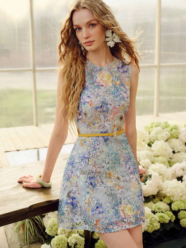 LACE PRINT ELEGANT HOLLOW-OUT SHORT DRESS, SPRING/SUMMER