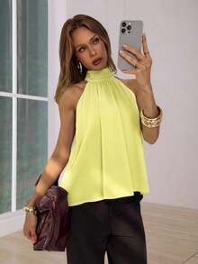 Aloruh Women's Solid Color Ruched Halter Casual Versatile Daily Wear Top,Summer Top - Yellow - View 5