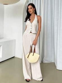 Firerie 女士优雅春夏亚麻休闲通勤度假沙滩V领露背系带条纹西装背心和高腰阔腿卡其色套装 - 卡其色 - 查看 4