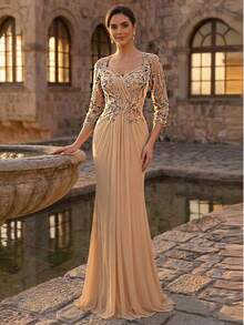 Serin Elegante y lujoso vestido de fiesta con aplicaciones de encaje con cuentas, empalme de malla elástica de punto, volantes y mangas transparentes, adecuado para bodas, fiestas, vacaciones, novia, madre de la novia - Champán - Ver 2