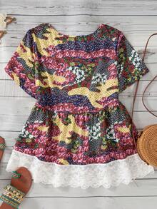 Zaforene Camicia casual da donna con scollo rotondo e maniche corte, con motivo floreale, taglie comode - Multicolore - Visualizzare 2