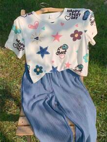 SHEIN 2pcs/Set Girls Floral All-Over Print T-Shirt And High Waist Textured Wide Leg Pants Set - Blue - View 3