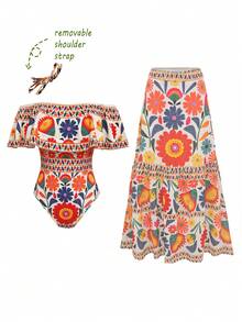 Swim Oasis Bộ trang phục nữ thanh lịch cổ điển trễ vai với dây đeo rời + chân váy xếp ly lưới in họa tiết cùng màu, thích hợp cho mùa xuân/hè. - Nhiều màu - Xem 5