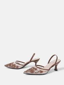 CUCCOO HITCHD Women's Shoes Spring And Summer New Pointed Kitten Heel Flower Lace Embroidery Beaded Brown Mesh Comfortable Elegant Women's High Heels Shoes Slingbacks Bridal Shoes Wedding Dinner Party - dark brown - View 9