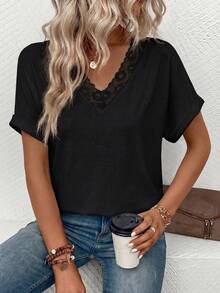 Balvessa Solid Color V-Neck Lace Patchwork Casual Short Sleeve T-Shirt Date Black Summer - Black - View 5