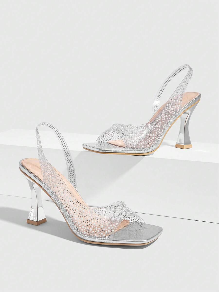 CUCCOO SZL Giày sandal nữ thời trang và quyến rũ, đế dày đính đá lấp lánh, màu bạc ánh ngọc trai, chất liệu TPU trong suốt, họa tiết đá, mũi vuông, kiểu dáng thoải mái, phù hợp cho các bữa tiệc, đám cưới, mùa xuân, hè và Giáng sinh. - Bạc nhạt - Xem 1