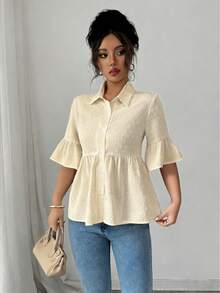 Elenzga Blusa casual de mujer con mangas con volantes de unicolor, para verano - Albaricoque - Ver 4