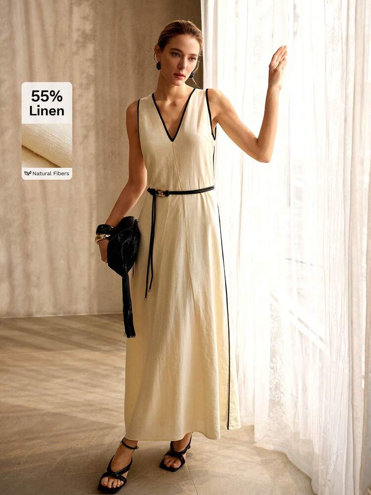 WOMEN'S SPRING/SUMMER VISCOSE LINEN BLEND COLOR BLOCK DESIGN WITH BELT LONG DRESS