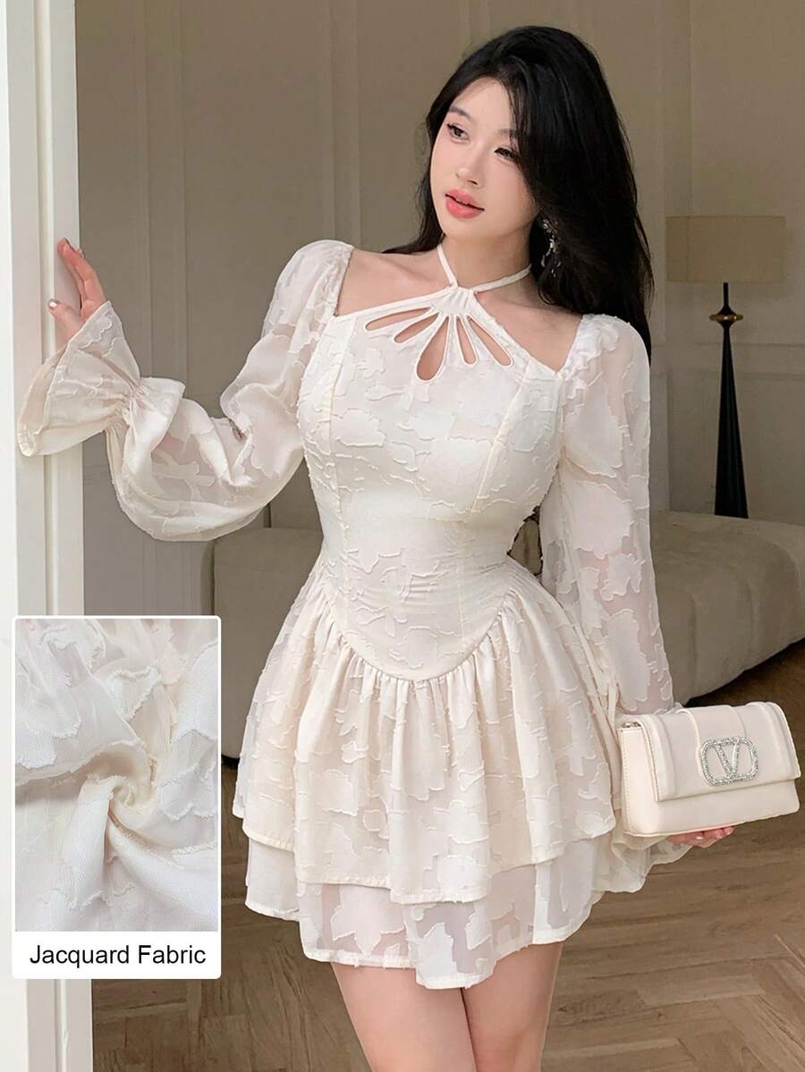 Modelyn 杏色镂空腰部褶裥下摆优雅度假派对连衣裙，女士 - 杏色 - 查看 1