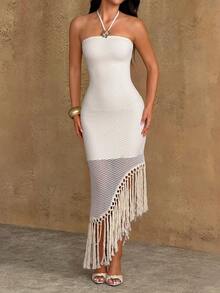 Bluhae Damen Sommer Strandurlaub Kleid mit asymmetrischem Saum, Quasten-Dekor, Metallblumen-Knoten-Träger - Aprikosenfarben - Übersicht 1