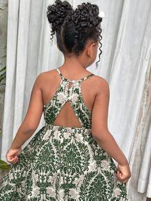 年轻女孩优雅简约无袖印花吊带连衣裙 - 綠色 - 查看 3