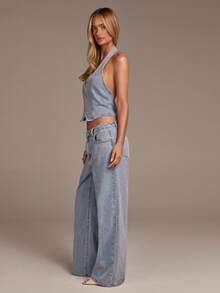COSMINA Denim Bộ jumpsuit denim màu xanh nhạt dáng suông, cổ yếm hở lưng, thanh lịch dành cho nữ, đa năng cho các buổi đi chơi, hẹn hò, đi làm, công sở, lễ hội âm nhạc, mùa xuân/hè. - Rửa nhẹ - Xem 5