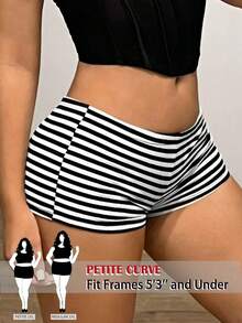 SHEIN PETITE CURVE 大码女式Y2K性感超低腰修身条纹超短裤 - 黑與白 - 查看 1