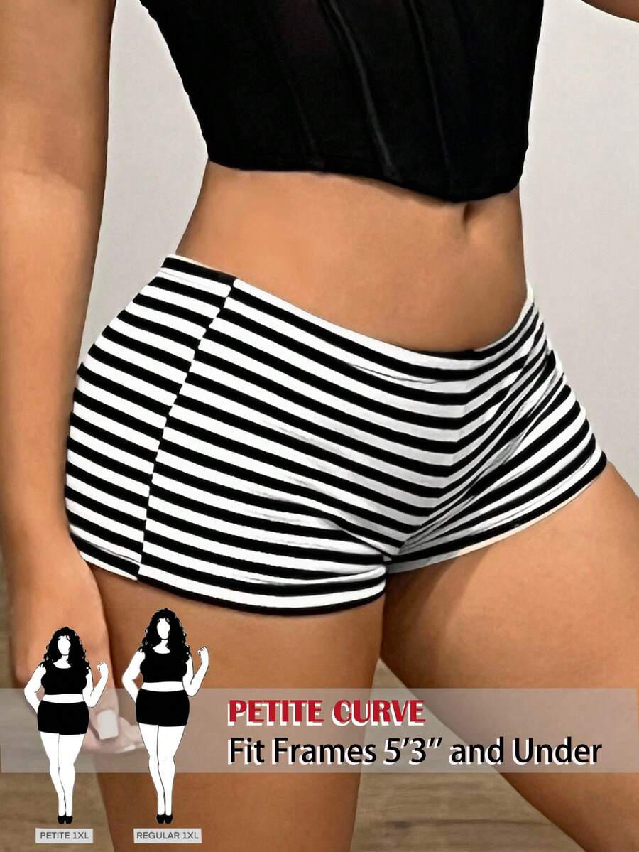SHEIN PETITE CURVE 大码女式Y2K性感超低腰修身条纹超短裤 - 黑與白 - 查看 1