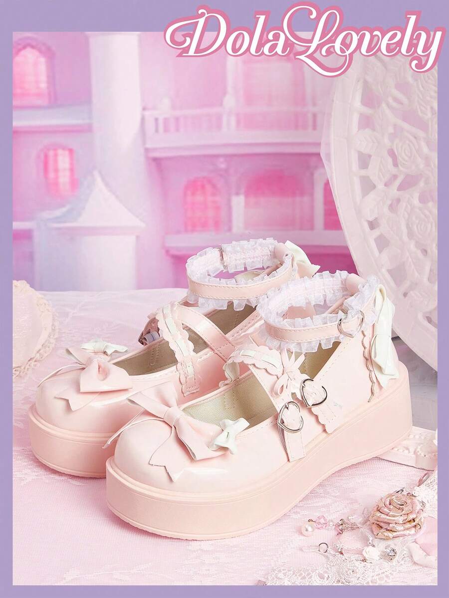 Dola Lovely Giày nữ đế xuồng màu hồng kiểu Mary Jane, phong cách Lolita, phong cách Goth, phong cách Y2K. - Nơ bướm màu hồng - Xem 1