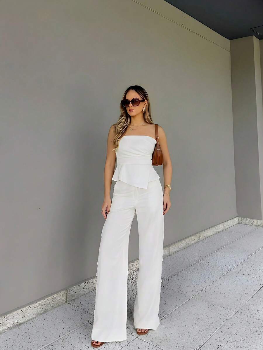 Firerie Bộ jumpsuit trắng ôm sát, thanh lịch, lãng mạn, bất đối xứng, kiểu dáng tối giản mới, thích hợp cho đám cưới, ngày Valentine, đi làm hàng ngày, xếp ly 3D, không tay, ôm dáng, dành cho nữ. - Màu be - Xem 1