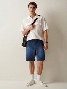 RONVEXI Quần short denim nam kẻ sọc dọc jacquard - Màu xanh lam - Xem 3