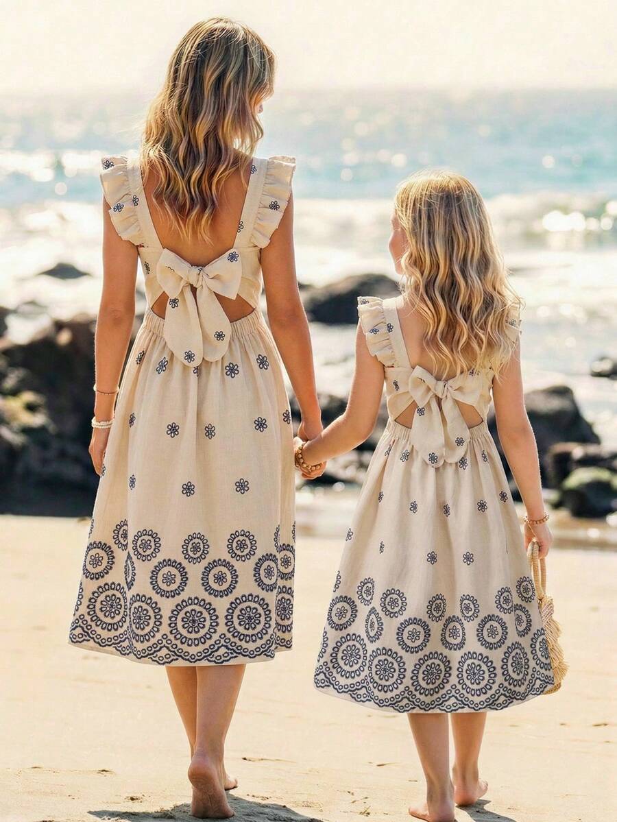 SHEIN Đầm đi nghỉ mát cổ vuông tay ngắn thêu hoa cho bé gái tuổi teen - trắng - Xem 1