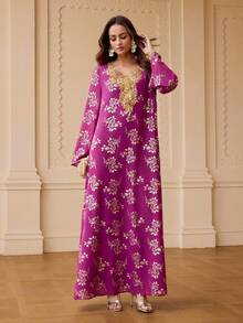 ZEYLAH Đầm dài tay in hoa kiểu Ả Rập thanh lịch dành cho nữ - Màu tím - Xem 5