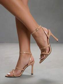CUCCOO SZL Nude Multi-Strap Pointed Stiletto Sandals, Metal Buckle Design, Workplace Commuting Dating Slim High Heels - Apricot - View 5