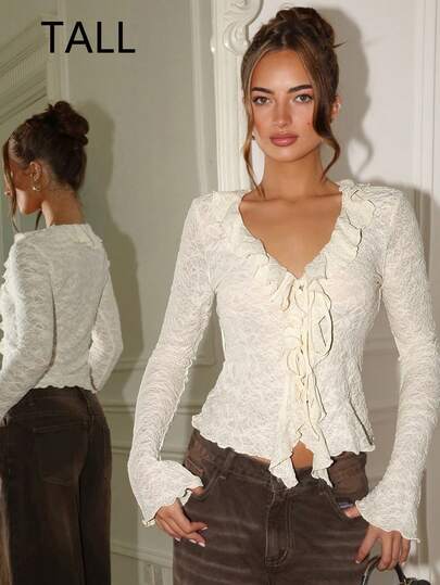 SHEIN Tall Wersja dla wysokich, seksowny, głęboki dekolt w serek, falbana z przodu, wiązanie z kokardą, dzianinowy cienki kardigan w kolorze morelowym, do noszenia na co dzień i w domu, ochrona przed słońcem latem