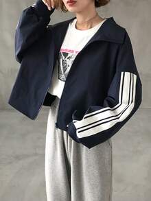 FRIFUL Chaqueta de manga larga con hombros caídos, corte holgado y rayas de color contrastante para mujer - Azul Marino - Ver 3