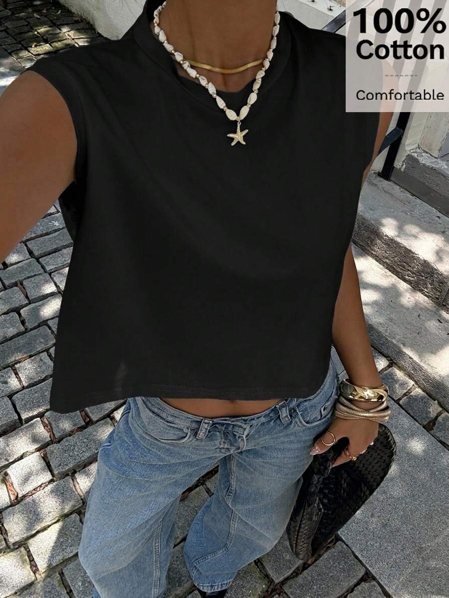 Siren Gaze Women's Solid Color Round Neck Loose Cropped Tank Top,Summer Top - Black - View 1