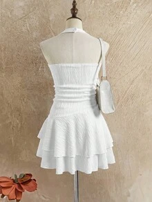 Sparklyn White Summer Vacation Holiday Textured Off-Shoulder Ruched Metallic Decor Layered Ruffle Hem Playful Mini Dress For Teenage Girls Spring/Summer Beach - White - View 3