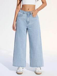 SHEIN ICON Plus Size Women Casual Versatile Frayed Hem Wide Leg Jeans - Blue and White - View 1