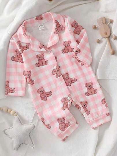 Pelele con botones a presión para recién nacido, a cuadros rosas con oso de dibujos animados, cuello vuelto, fácil de poner, fresco y dulce, adecuado para el hogar, ocio, atuendo diario, juegos al aire libre, primavera, otoño, todas las estaciones