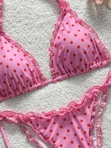 Swim Mod 2-Piece Floral Print Mesh Trim Halter Bikini Set, Sexy Swimwear Summer Picks Pink Bikini Ruffle Trim Bikini Tie Side Bikini Polka Dot Bikini - Pink - View 10