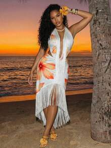 SHEIN BamGlam Women Boho Multicolor Halter Sleeveless Fringe Asymmetrical Hem Bodycon Knitted Midi Dress With Plant Pattern  Summer Dress , Summer Dresses For Women , Summer Dresses  , Summer Outfits  , Summer Clothes  , Summer Outfits For Women , Summer Holiday Outfit , Summer Outfit For Women , Slay Diva Dress Resort Dress Scarf Dress Tequila Sunrise Dress Miami Dress Havana Nights Outfit Beach Photoshoot Dress Sexy Vacation Dress Vacay Dress Bikini Cover Up Dress White Fringe Dress Tassel Dress - Multicolor - View 5