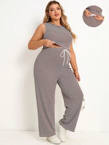 Plussiva Plus Size Maternity Striped Print Round Neck Tank Top And Tie Front Pants Casual 2 Pieces Set - Brown - View 4