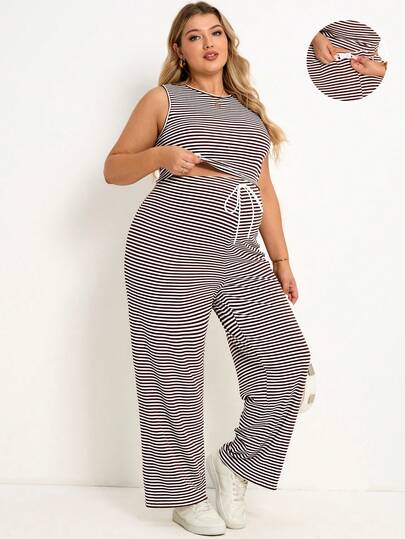 SHEIN Bộ đồ bầu cỡ lớn gồm áo tank top cổ tròn in sọc và quần ống rộng buộc dây phía trước, kiểu dáng thường ngày.