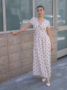 Andrea Bello 优雅女士夏季优雅松紧腰泡泡袖女士长裙、长裙。适合春夏季、演唱会女装，优雅适合日常通勤、音乐节、节日穿着 - 杏色 - 查看 4