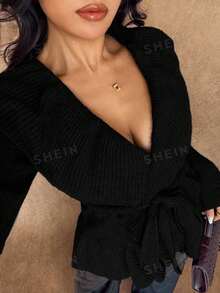 Rafferiza Women's Basic Minimalist Elegant French Fashion Romantic Tie-Front Cardigan - Black - View 4