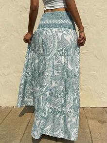 Sunnyshic 女士波西米亚印花半身裙，休闲度假日常穿着，春夏款 - 水鴨藍 - 查看 2