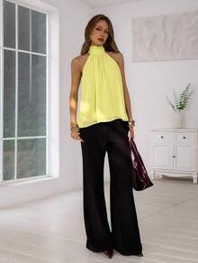 Aloruh Women's Solid Color Ruched Halter Casual Versatile Daily Wear Top,Summer Top - Yellow - View 4