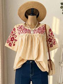 Rusticease Plus Size Women's White Summer Boho Vacation Holiday,Short Sleeve Striped Floral Print Blouse,Spring Round Neck Casual Country Smock Tops - Mustard Yellow - View 8