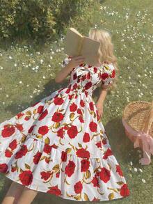 少女夏季休闲碎花花瓣袖连衣裙 - 彩色 - 查看 5