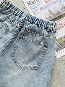 Pantalones cortos vaqueros de ajuste holgado con patrón de punto de cruz azul, estilo casual y vintage de moda para adolescentes - Azul - Ver 4