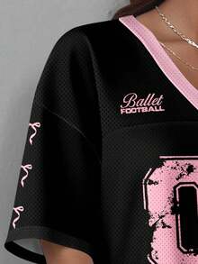 SHEIN EZwear Women V-Neck Mesh Mini Dress, Jersey No.07, Black & Pink, Suitable For Summer, Suitable For Sports Games,Casual Dresses For Women Chic Dress - Multicolor - View 3